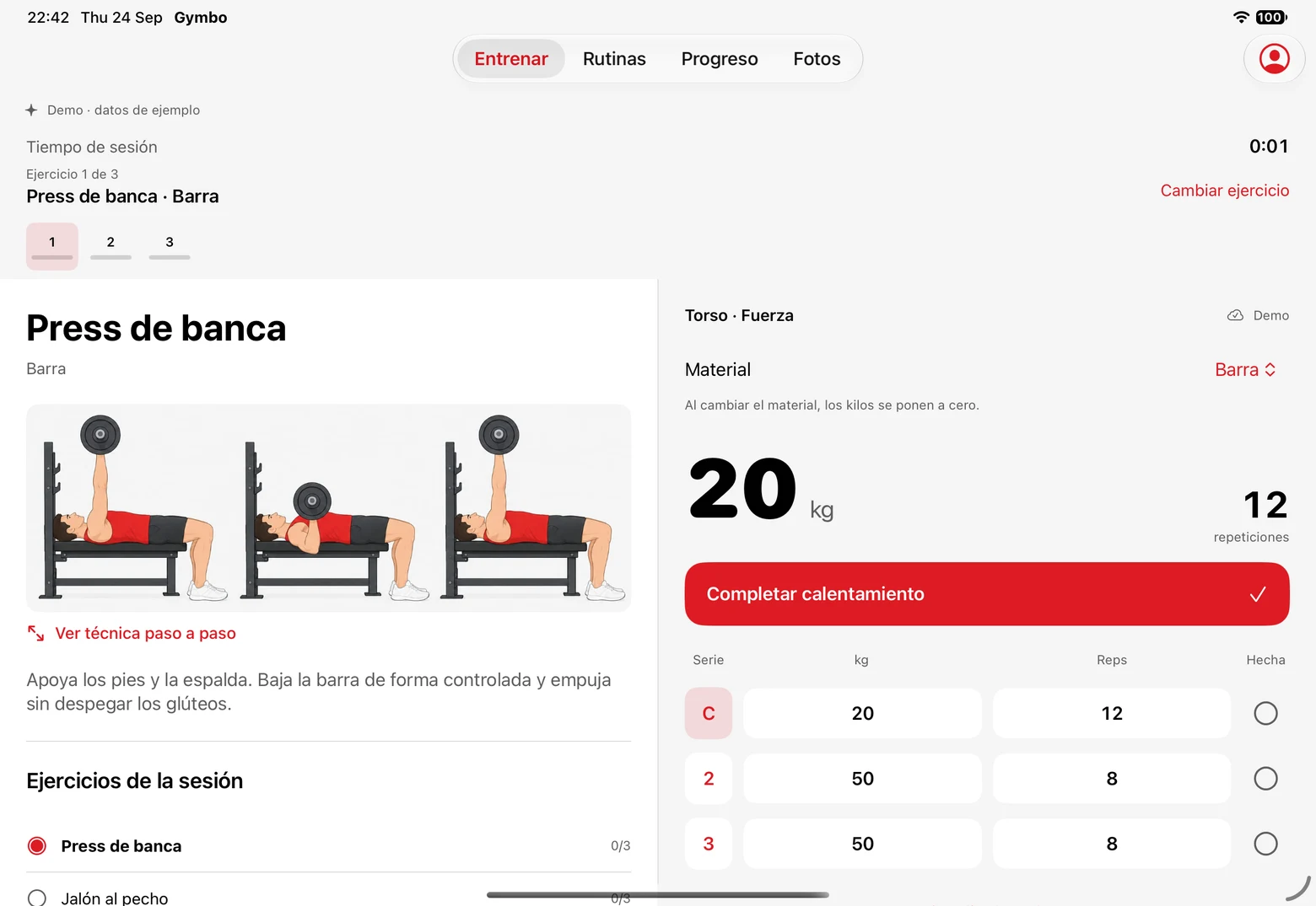 Vista previa del entrenamiento expandido de Gymbo con datos de ejemplo: técnica, material, peso y series