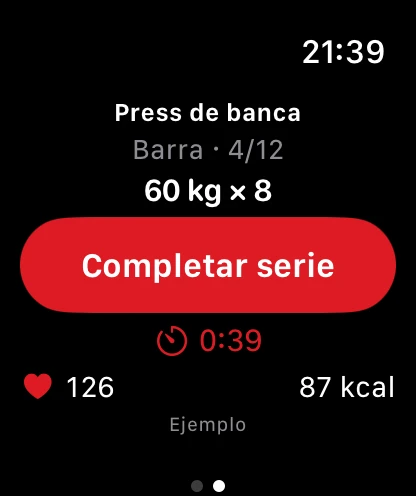 Gymbo en Apple Watch Ultra: pantalla principal para completar series, con datos de ejemplo